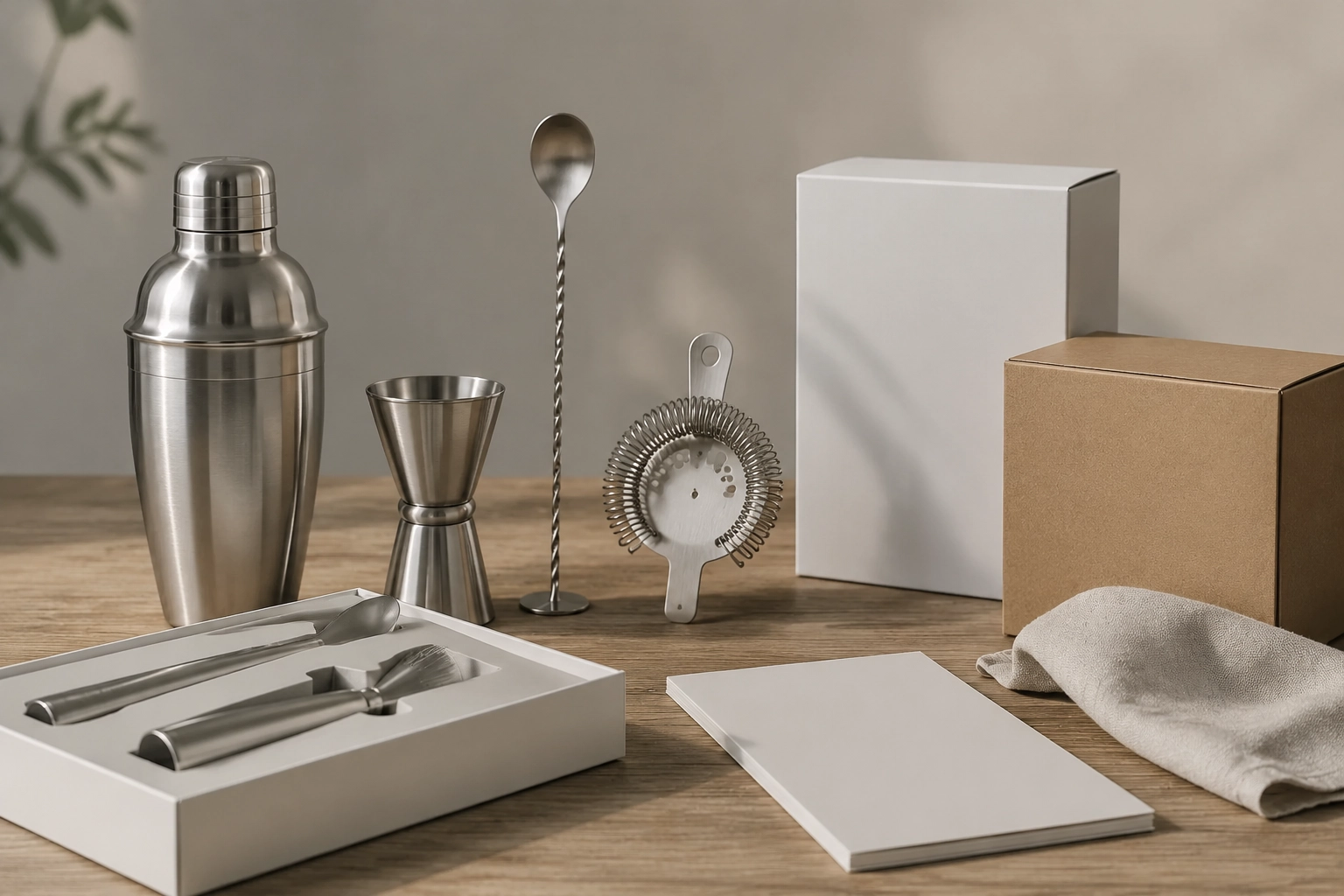 Stainless steel bar tools set including cocktail shaker, jigger, bar spoon, strainer, and custom packaging boxes displayed on wooden table for B2B wholesale sourcing and manufacturer supply.