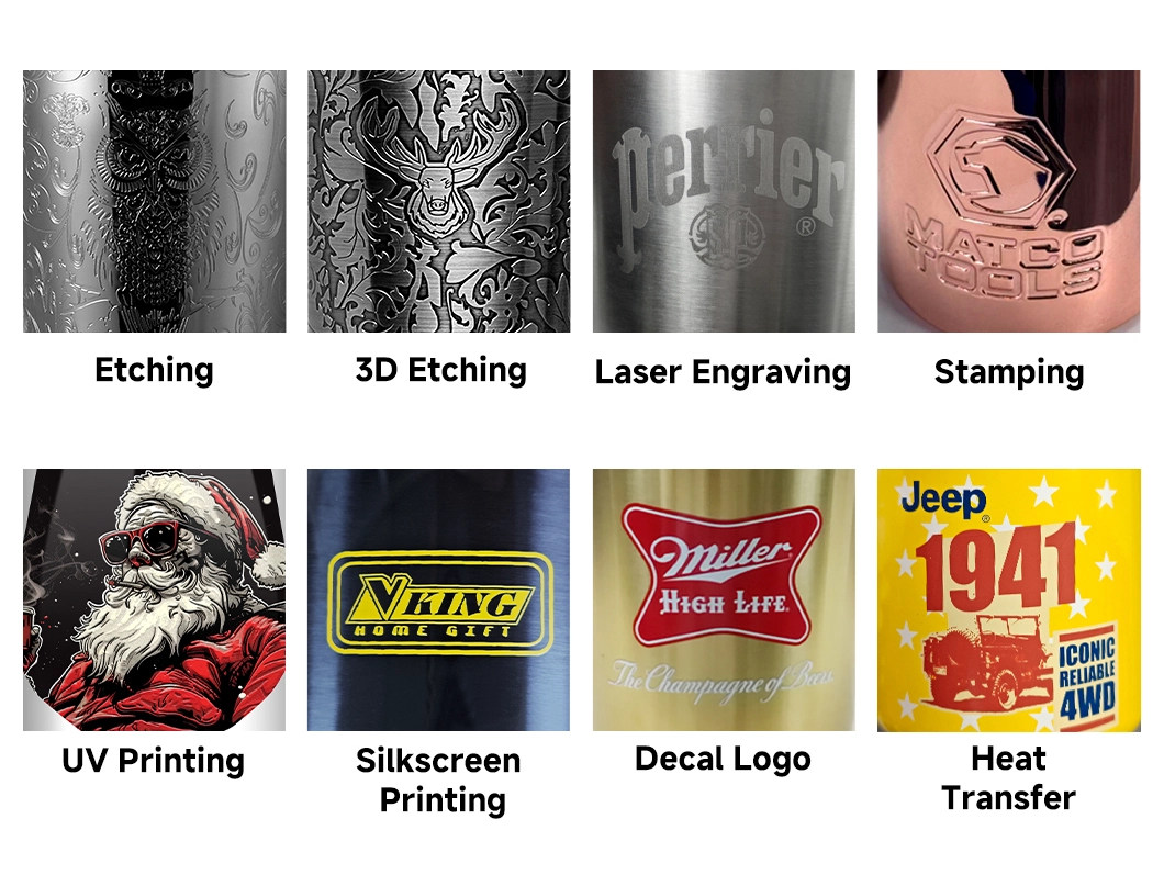 Logo customization methods for stainless steel barware including etching, 3D etching, laser engraving, stamping, UV printing, silkscreen printing, decal logo and heat transfer