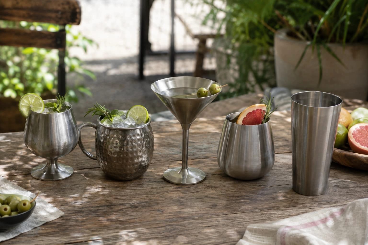 Stainless steel barware samples arranged on a natural outdoor table, including a martini glass, mule mug, stemless tumbler, and tall cup