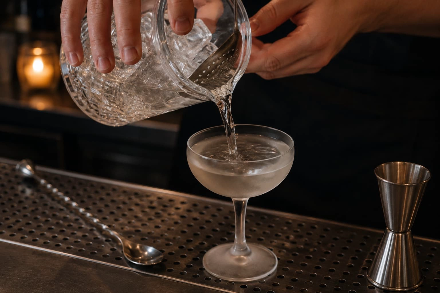 Bartender pouring a stirred cocktail from a mixing glass through a Julep strainer into a chilled coupe glass