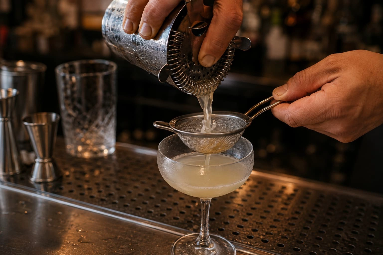 Bartender double straining a shaken cocktail through a Hawthorne strainer and fine mesh strainer into a coupe glass
