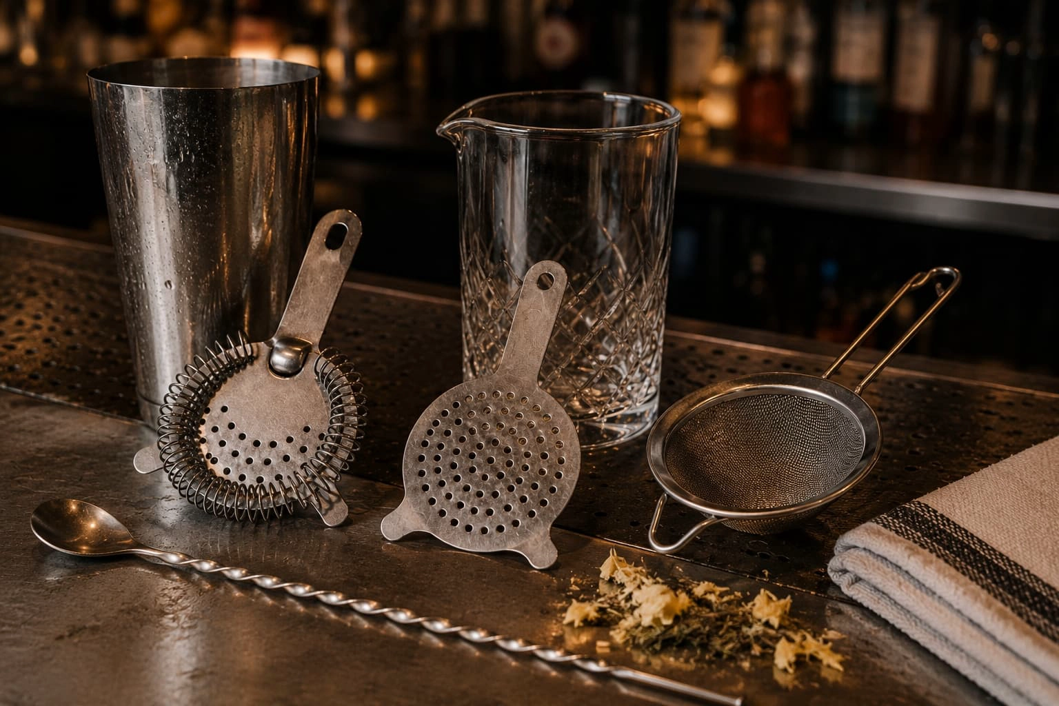 Hawthorne, Julep and fine mesh cocktail strainers arranged with a shaker tin, mixing glass, herbs and bar towel