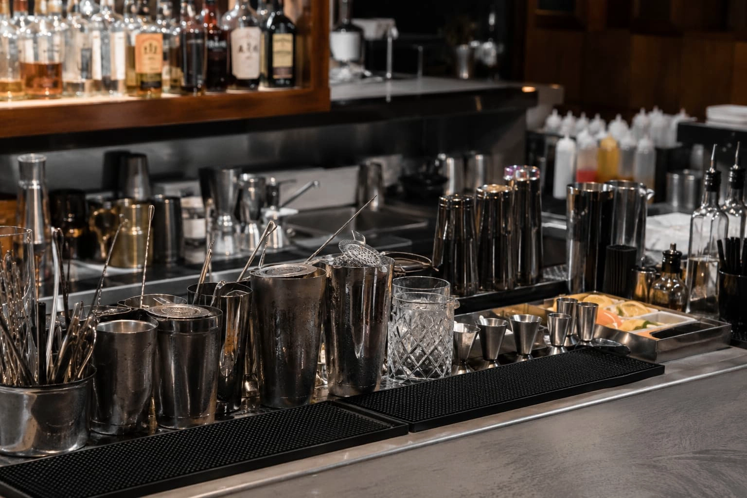 Frequently used shaker tins, jiggers, strainers, mixing glasses and bar spoons arranged within reach at a working commercial bar station.