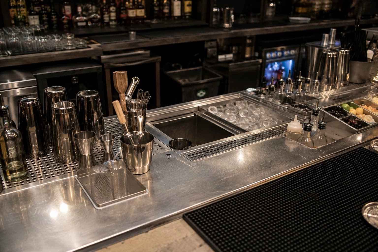 Commercial bar sink and ice well positioned beside clean shaker tins, jiggers, utensils and garnish containers for an organized tool return route.