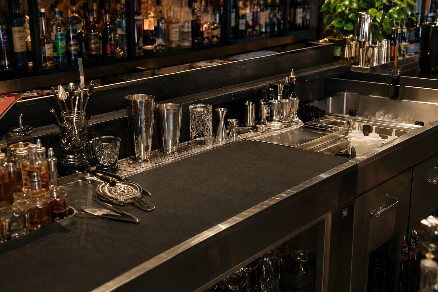 Wide single-operator bar station with a clear build surface, nearby shaker tins, jiggers, strainers, ingredient bottles, ice well and sink.