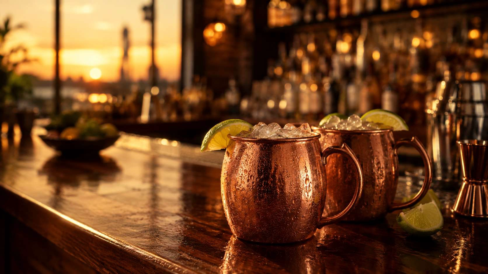 Copper Moscow Mule mugs with lime on a warm sunset bar counter