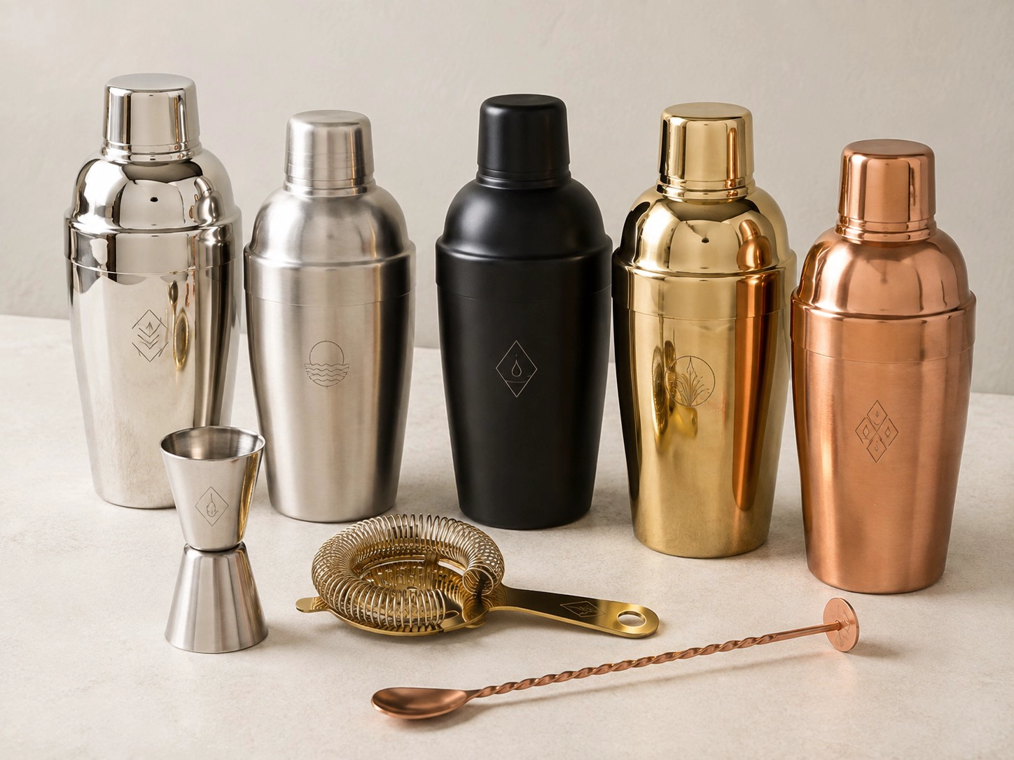 Custom cocktail shaker finishes in silver, matte stainless steel, black, gold and copper with matching bar tools