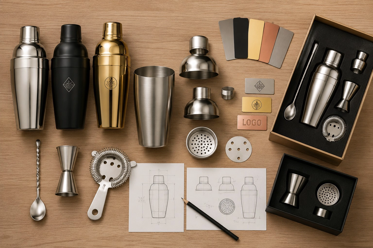Custom cocktail shaker OEM and ODM development options with different finishes, components, logo samples, packaging and shaker design sketches