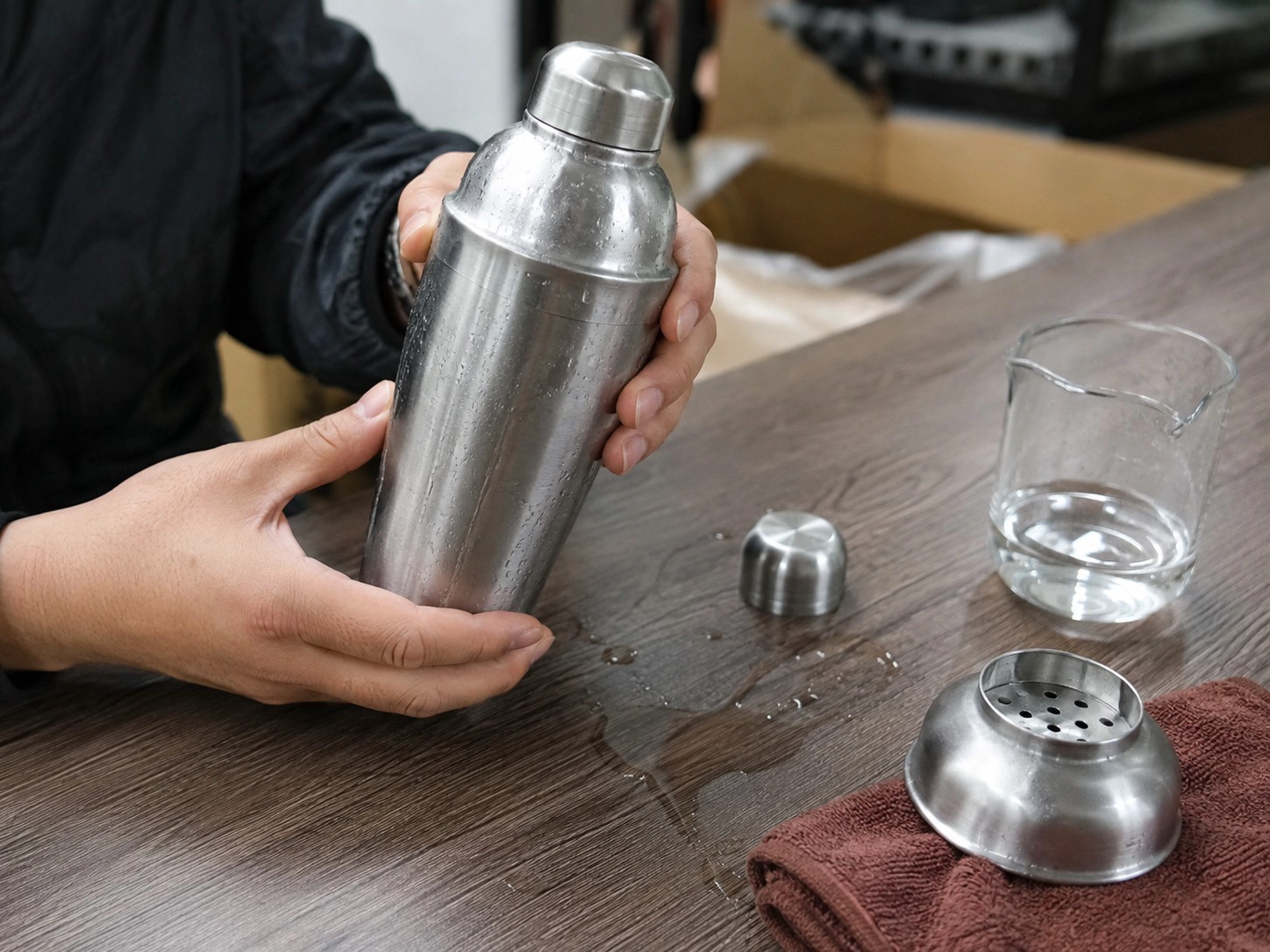 Cocktail shaker leak and seal quality check during a water test on a production sample