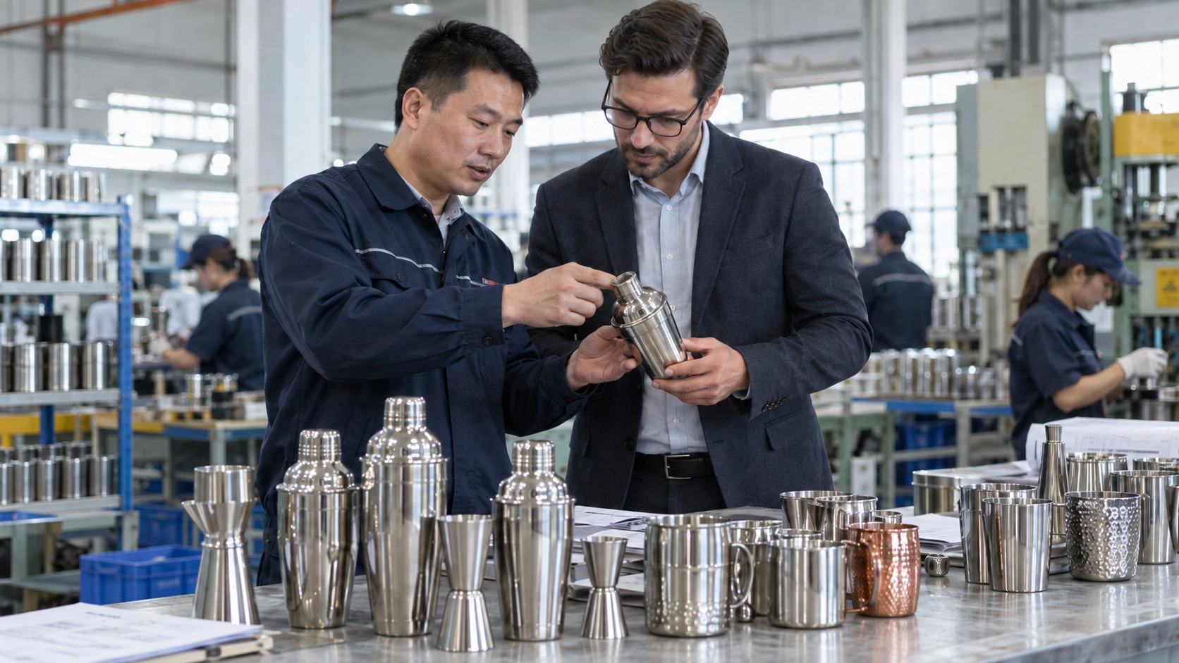 Buyer and factory representative inspecting a stainless steel cocktail shaker during barware quality control in a manufacturing facility.