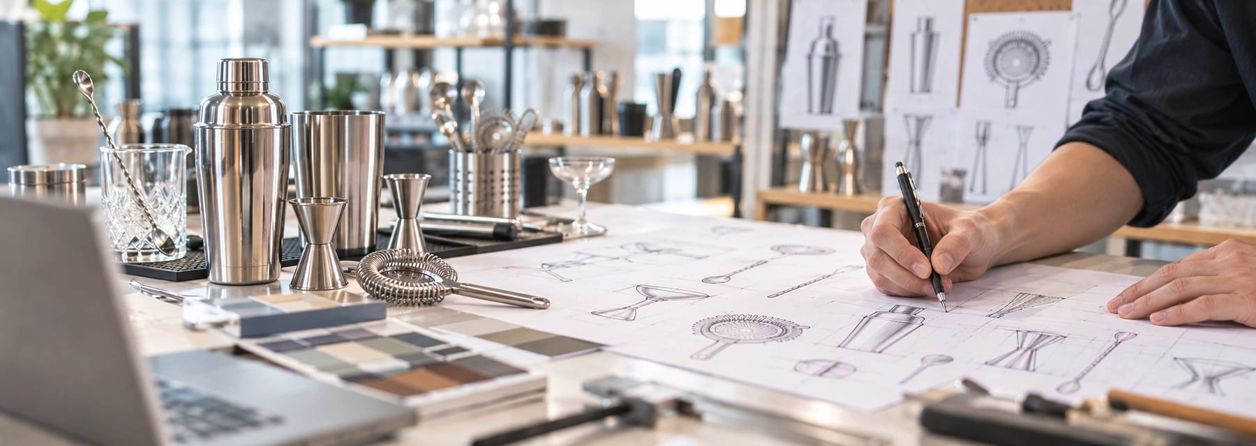 Designer sketching custom stainless steel barware next to cocktail shakers, jiggers and strainers
