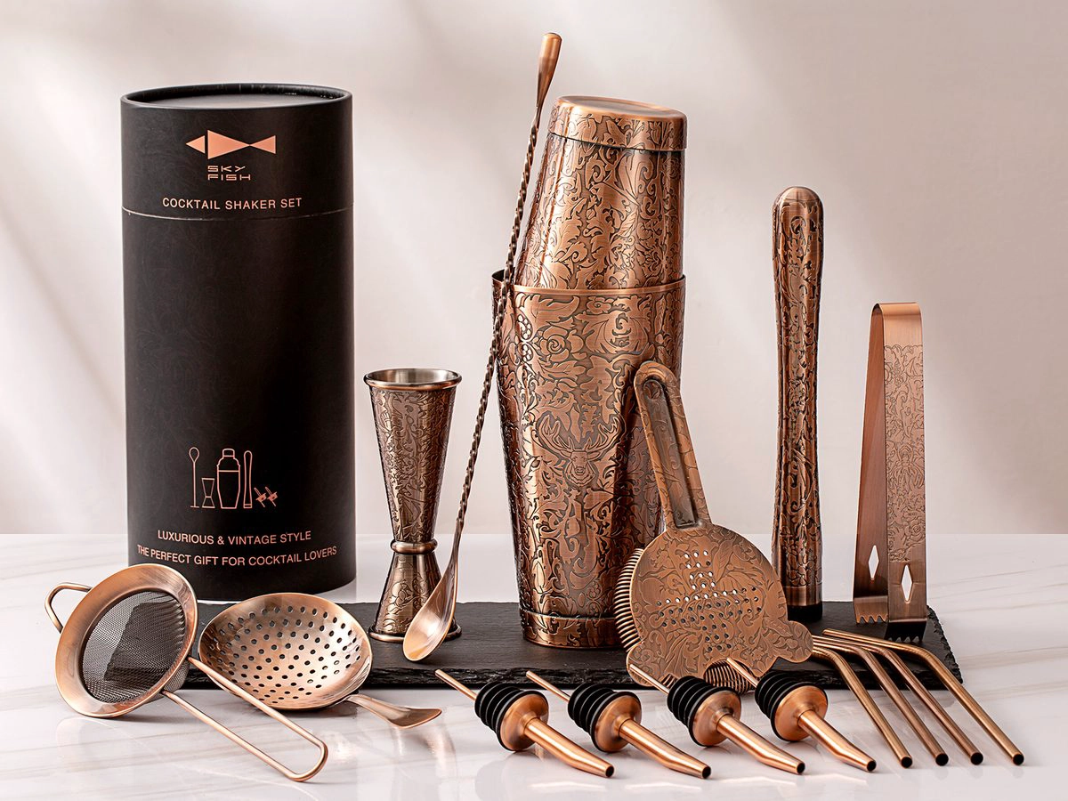 Antique copper etched cocktail shaker set with jigger, strainers, muddler, pourers, straws and gift tube