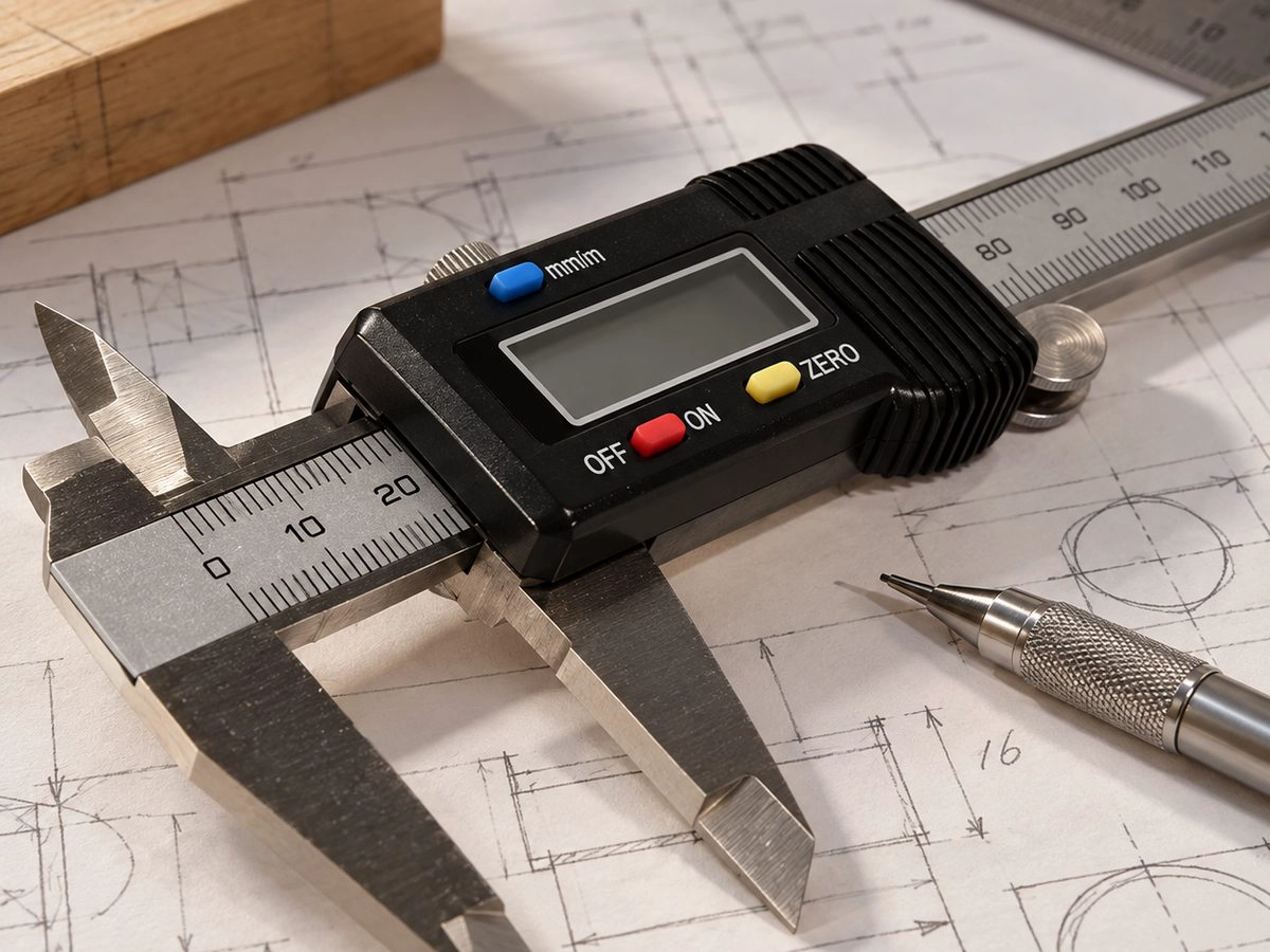 Digital caliper checking part dimensions against a technical drawing