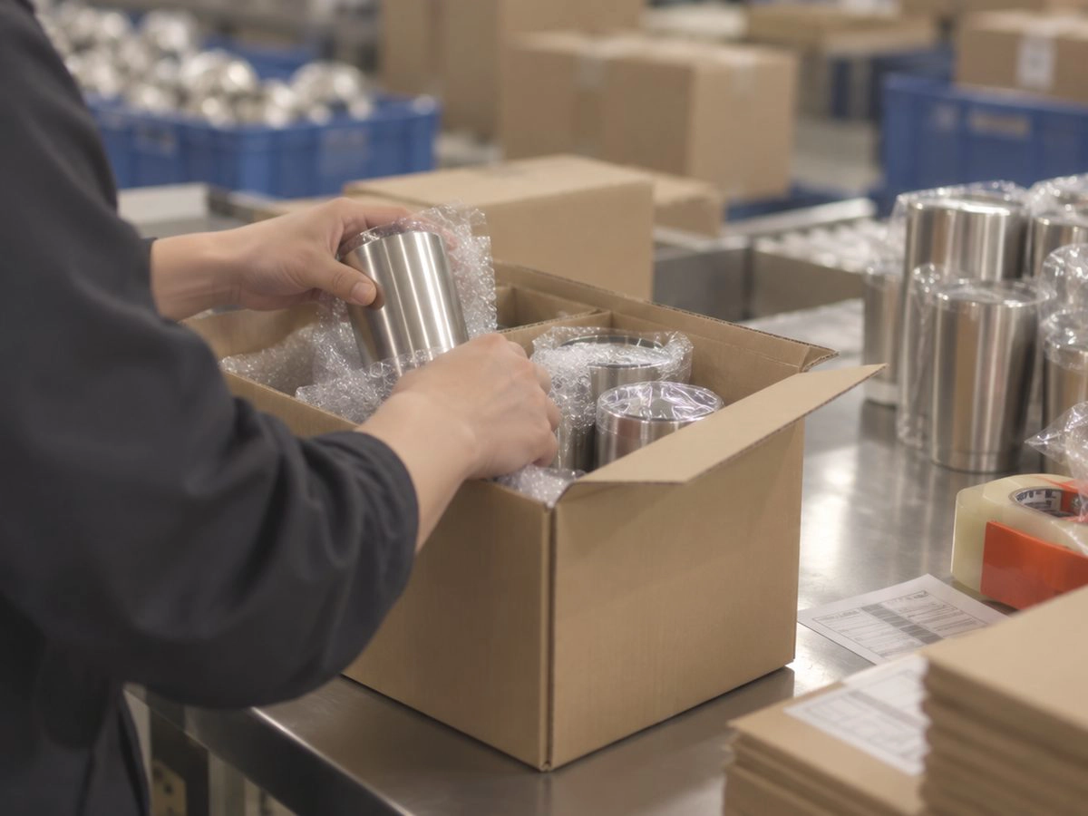 Stainless steel tumblers wrapped in bubble film and packed into cartons