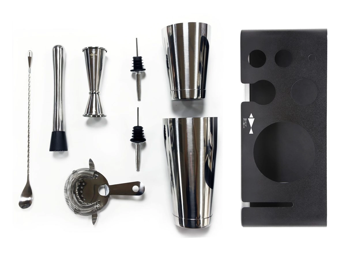 Stainless steel bar tool set with Boston shaker tins, jigger, strainer, bar spoon, muddler, pourers and stand