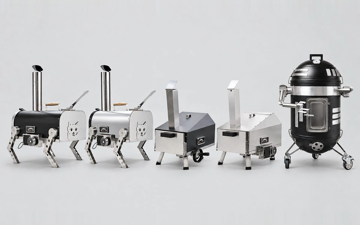 Stainless steel pizza ovens and vertical charcoal smoker in finished production