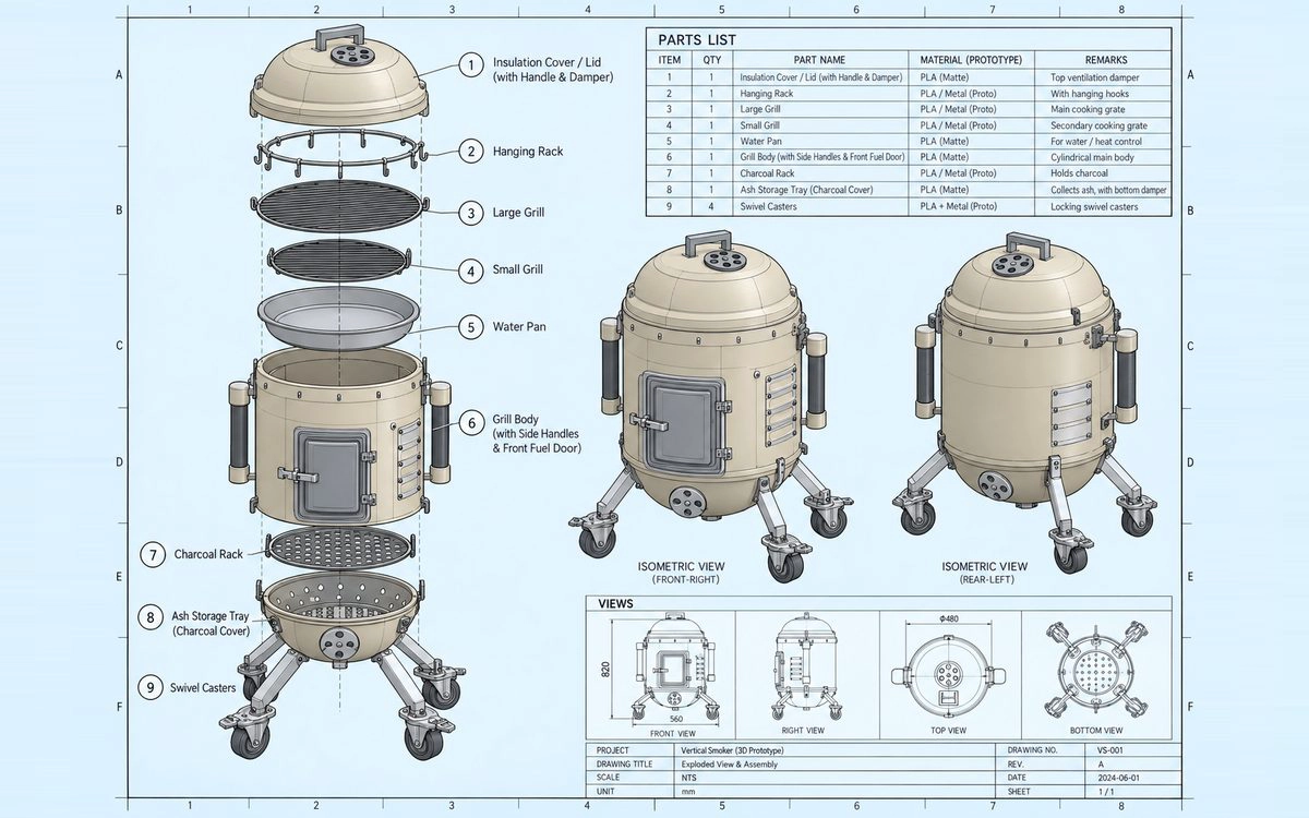 3D prototype exploded view of a vertical charcoal smoker with parts list