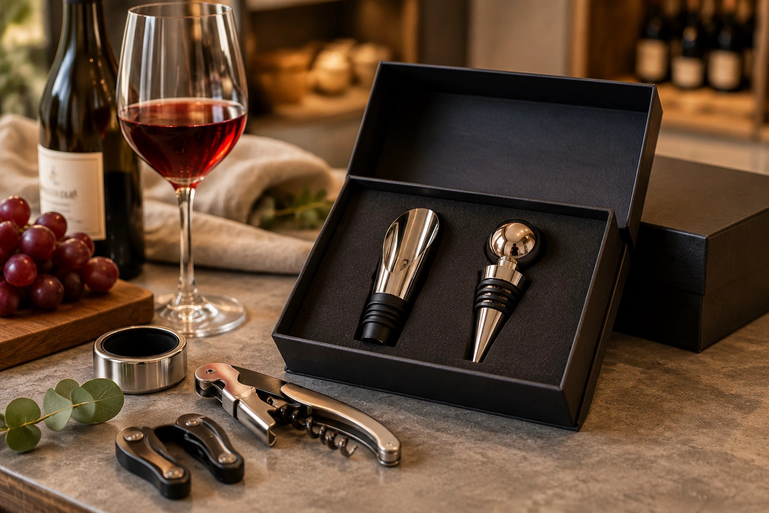 Coffrets d’accessoires à vin sur mesure : pièces, finitions, logos et emballage