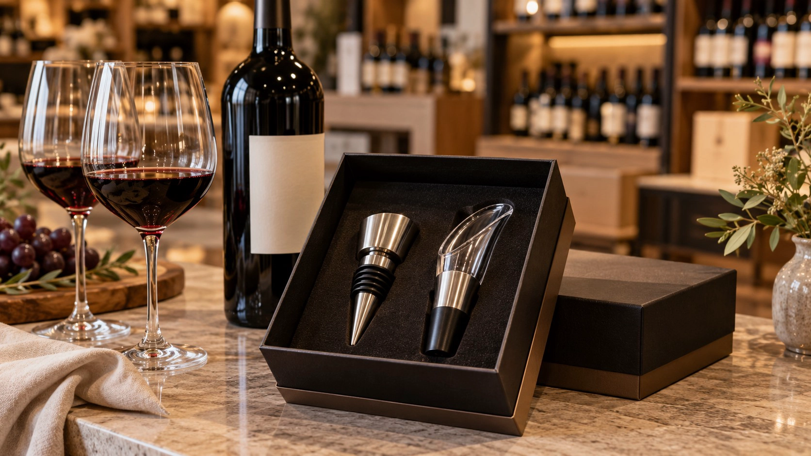 Custom wine accessory gift set featuring a metal wine stopper and pourer in a premium presentation box beside a wine bottle and glasses.