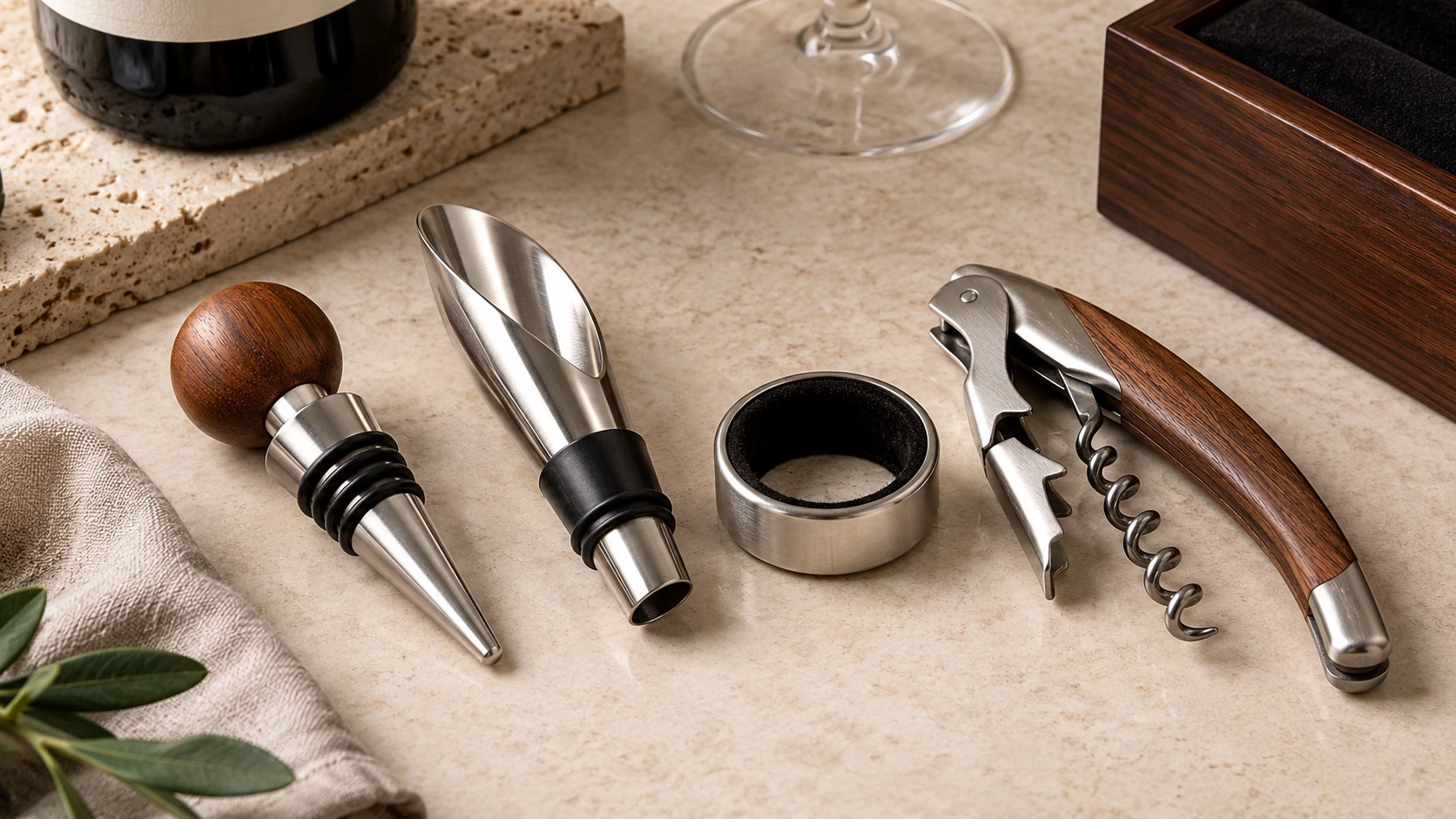 Wine accessories including a metal wine stopper, stainless steel wine pourer, drip ring, and corkscrew arranged for product display.