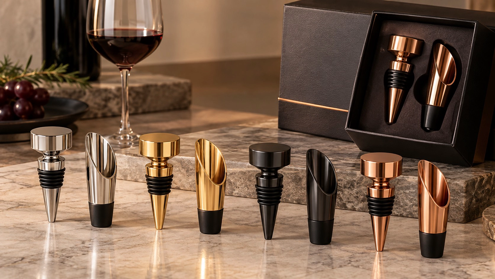Metal wine stoppers and pourers in silver, gold, copper, and black finishes for custom wine accessory collections.