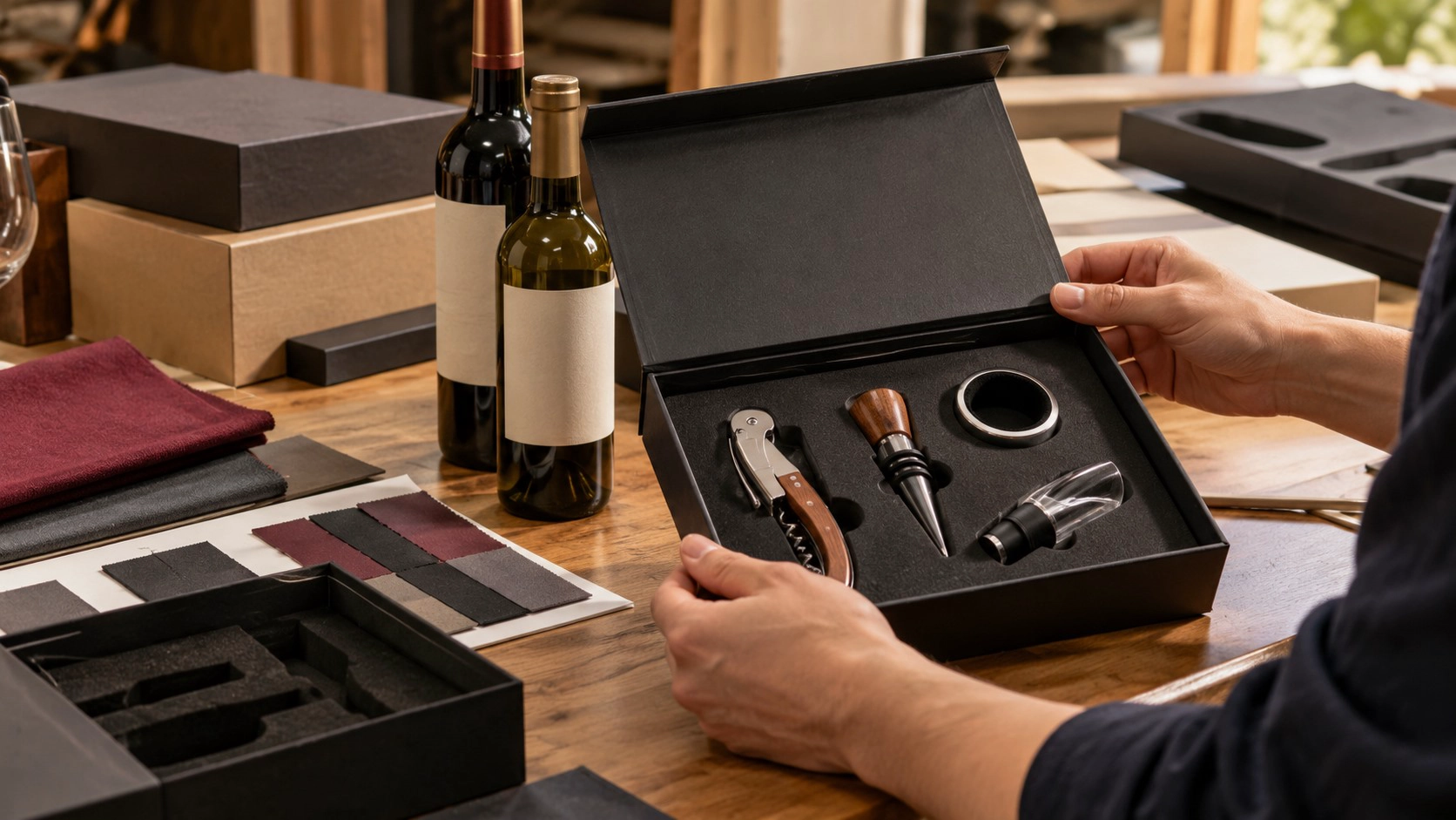 Wine accessory gift set sample inspection showing metal wine tools, a fitted foam insert, gift box packaging, and finish samples.