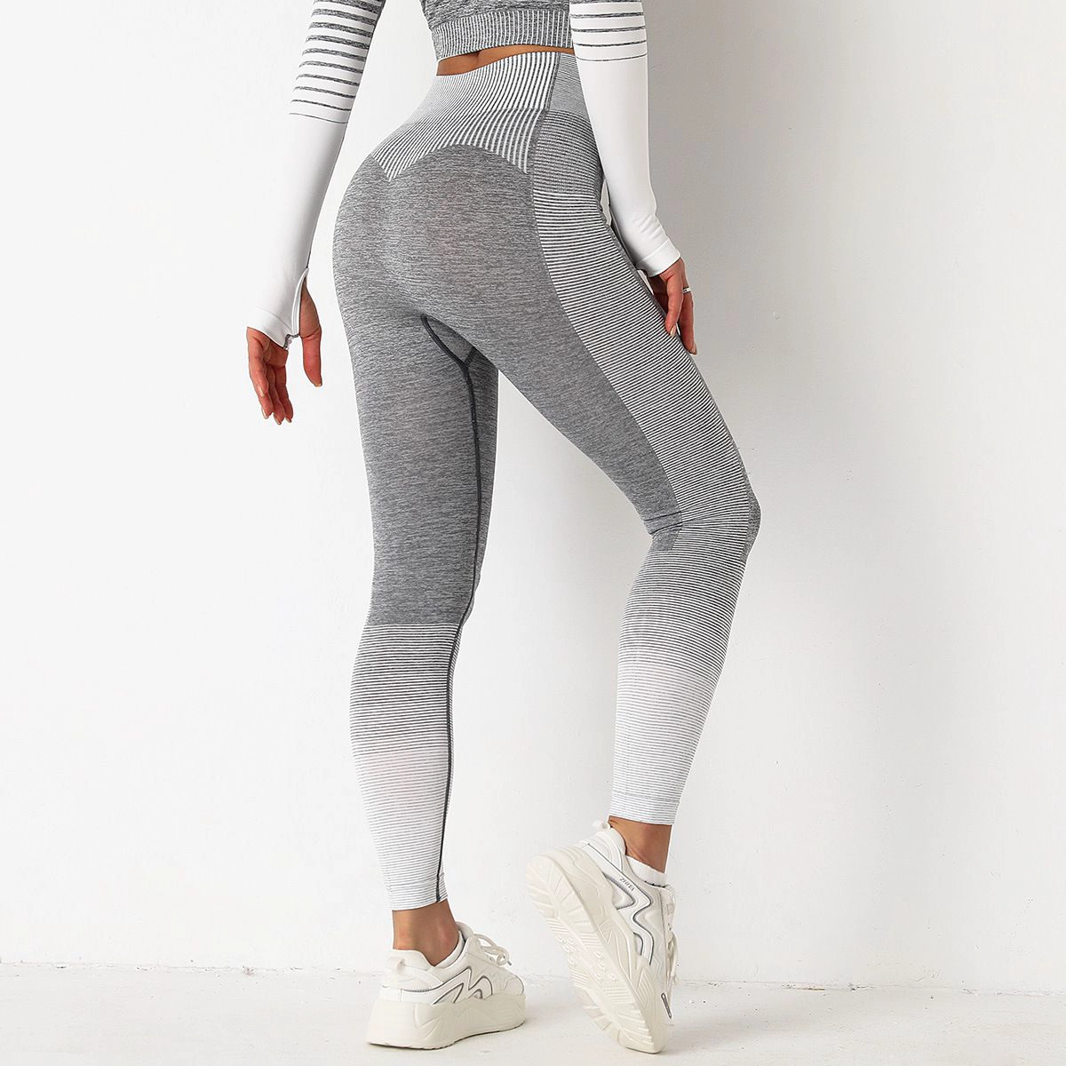 S-SHAPER Workout Seamless Leggings for Women Stripe Knitted Butt Lifting High Waisted Yoga Pants Gradient Color Hanging Dye Cropped Athletic Pants