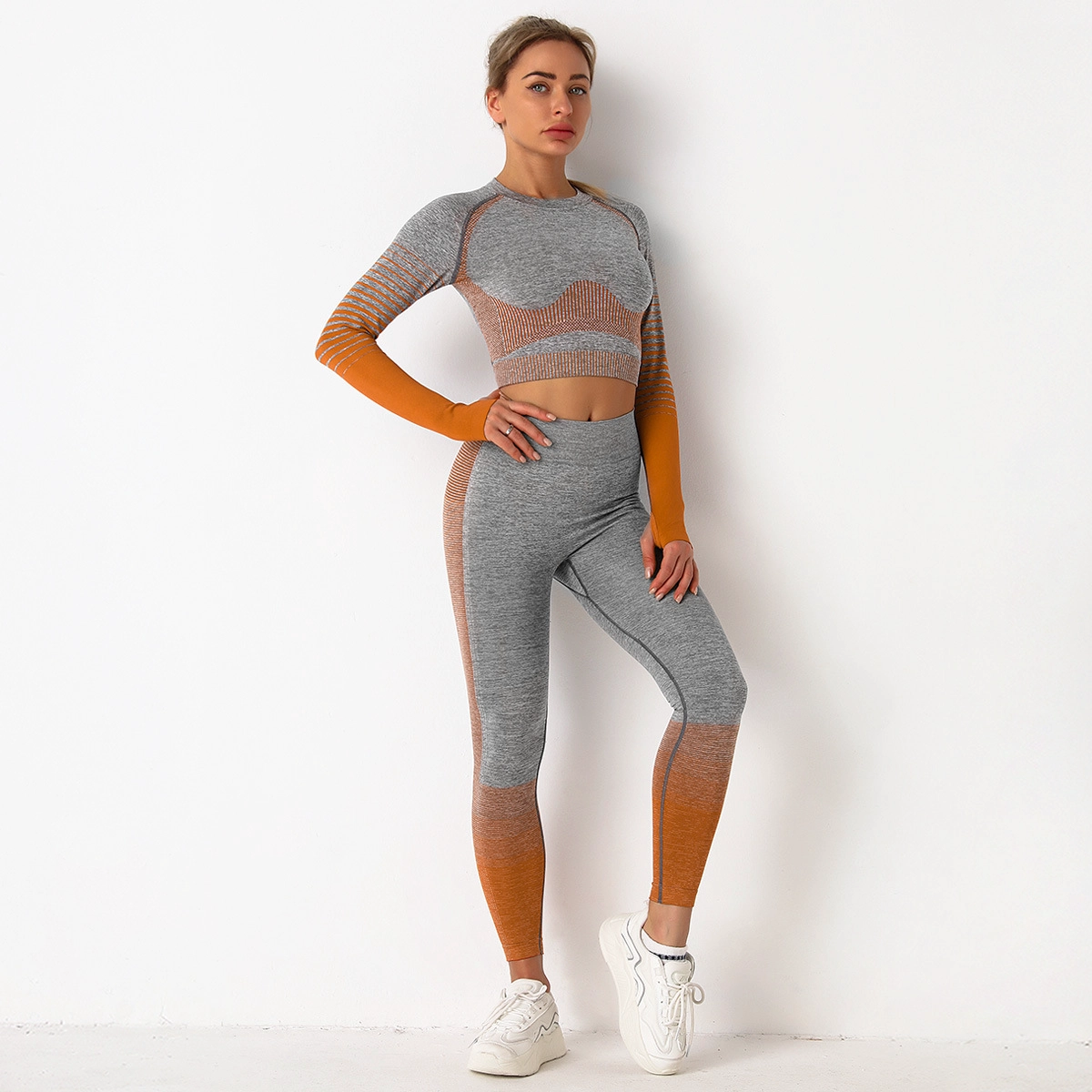 S-SHAPER Long Sleeve Crop Tops Active Wear Seamless High Waist Yoga Gym Leggings Workout Sets for Women 2 Piece Workout Outfits Sports Wear