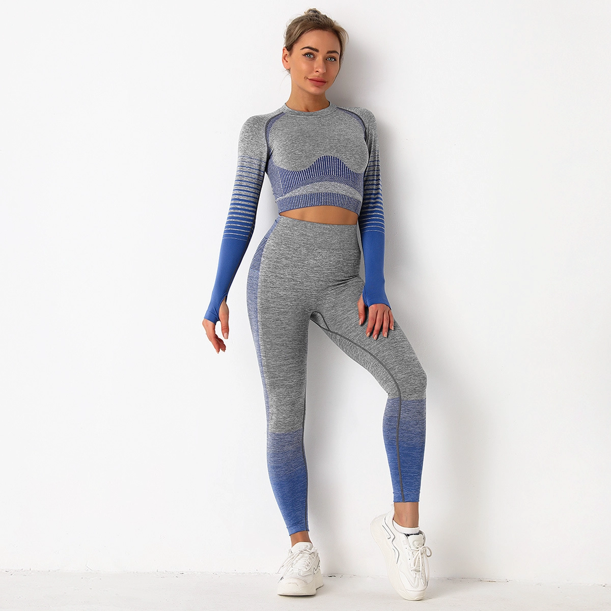 S-SHAPER Long Sleeve Crop Tops Active Wear Seamless High Waist Yoga Gym Leggings Workout Sets for Women 2 Piece Workout Outfits Sports Wear