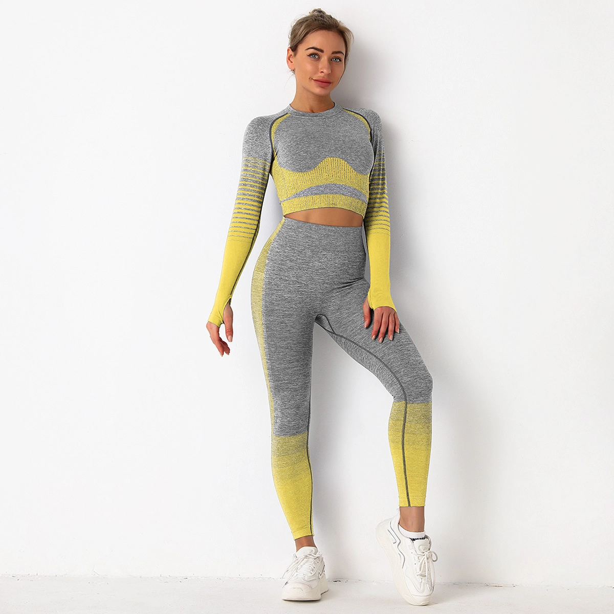 S-SHAPER Long Sleeve Crop Tops Active Wear Seamless High Waist Yoga Gym Leggings Workout Sets for Women 2 Piece Workout Outfits Sports Wear