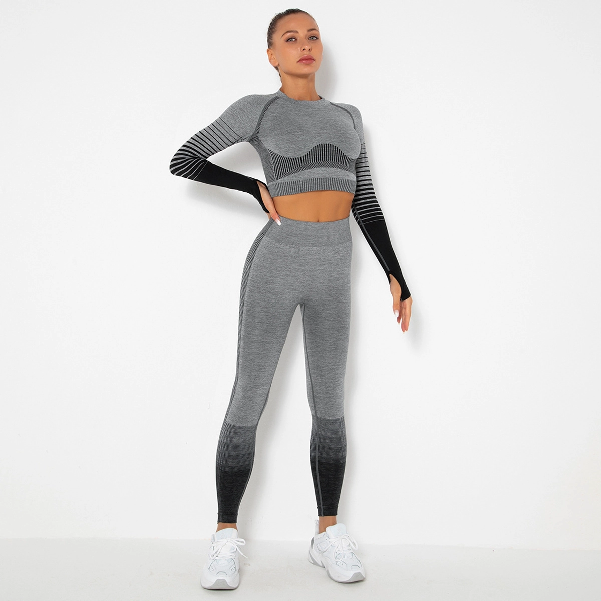 S-SHAPER Long Sleeve Crop Tops Active Wear Seamless High Waist Yoga Gym Leggings Workout Sets for Women 2 Piece Workout Outfits Sports Wear