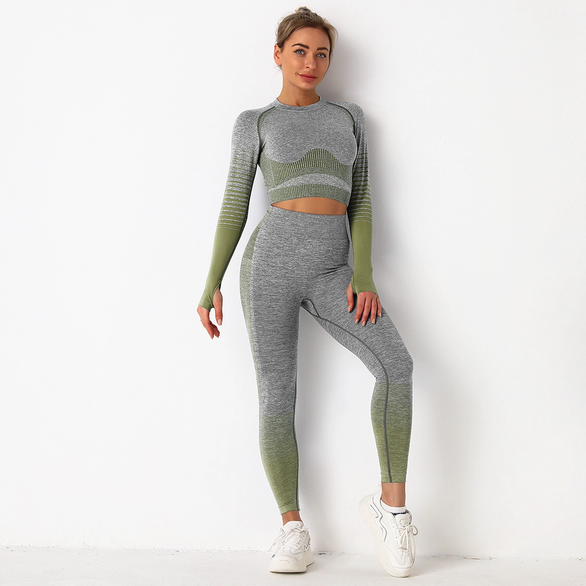 S-SHAPER Long Sleeve Crop Tops Active Wear Seamless High Waist Yoga Gym Leggings Workout Sets for Women 2 Piece Workout Outfits Sports Wear