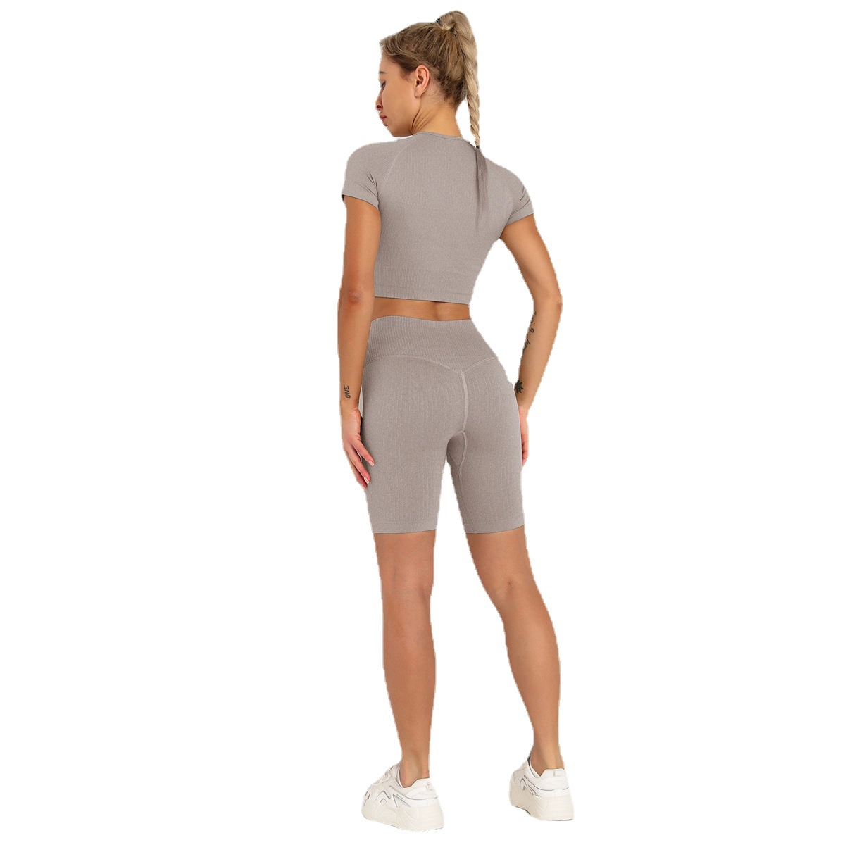S-SHAPER Frauen Seamless Yoga Outfits 2-teiliges Set Workout Gym Shorts Kurzarm Crop Top Hersteller
