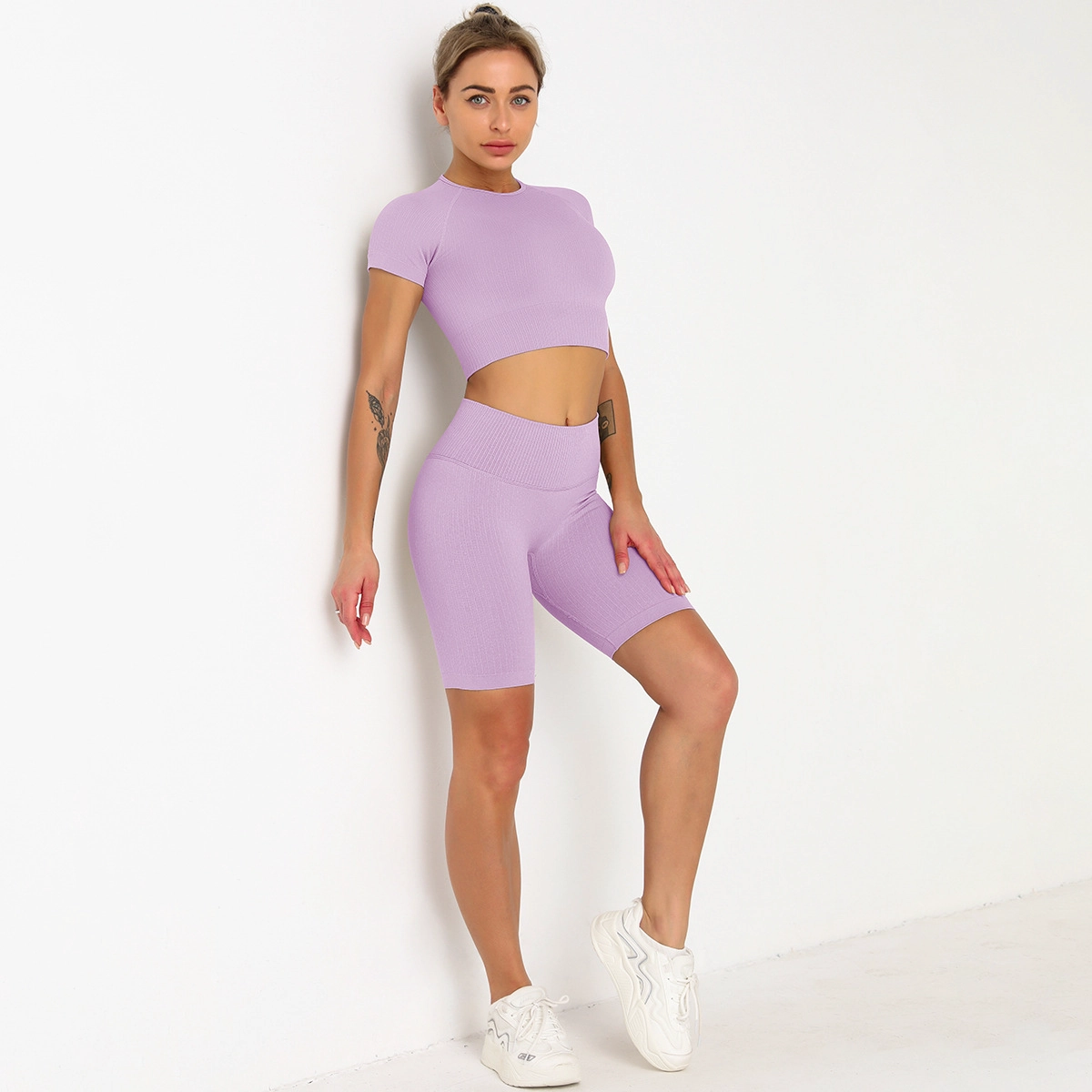 S-SHAPER Frauen Seamless Yoga Outfits 2-teiliges Set Workout Gym Shorts Kurzarm Crop Top Hersteller