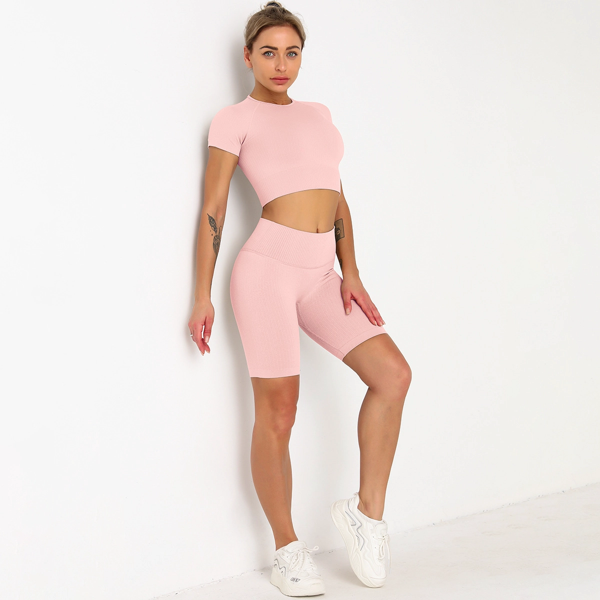 S-SHAPER Frauen Seamless Yoga Outfits 2-teiliges Set Workout Gym Shorts Kurzarm Crop Top Hersteller