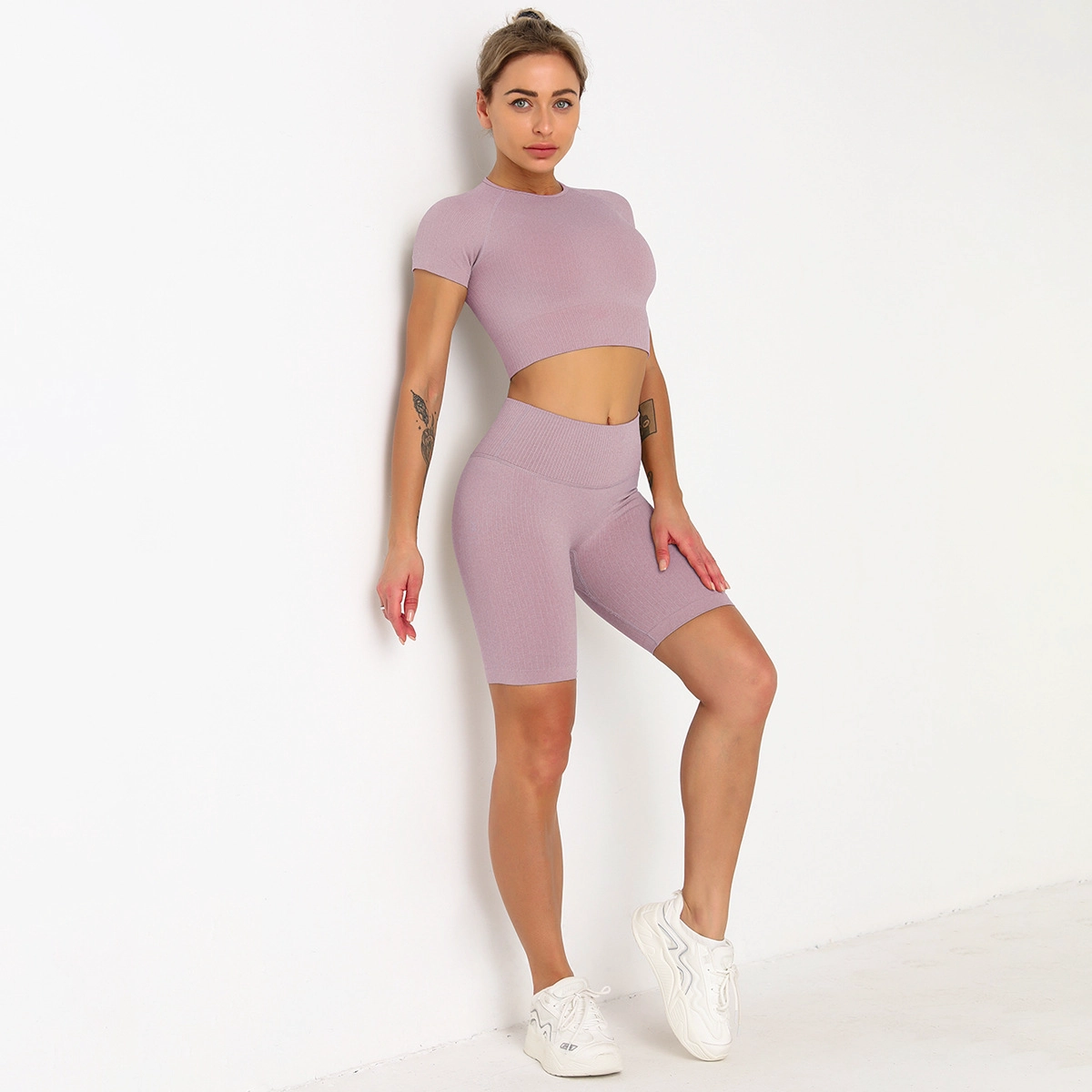 S-SHAPER Frauen Seamless Yoga Outfits 2-teiliges Set Workout Gym Shorts Kurzarm Crop Top Hersteller