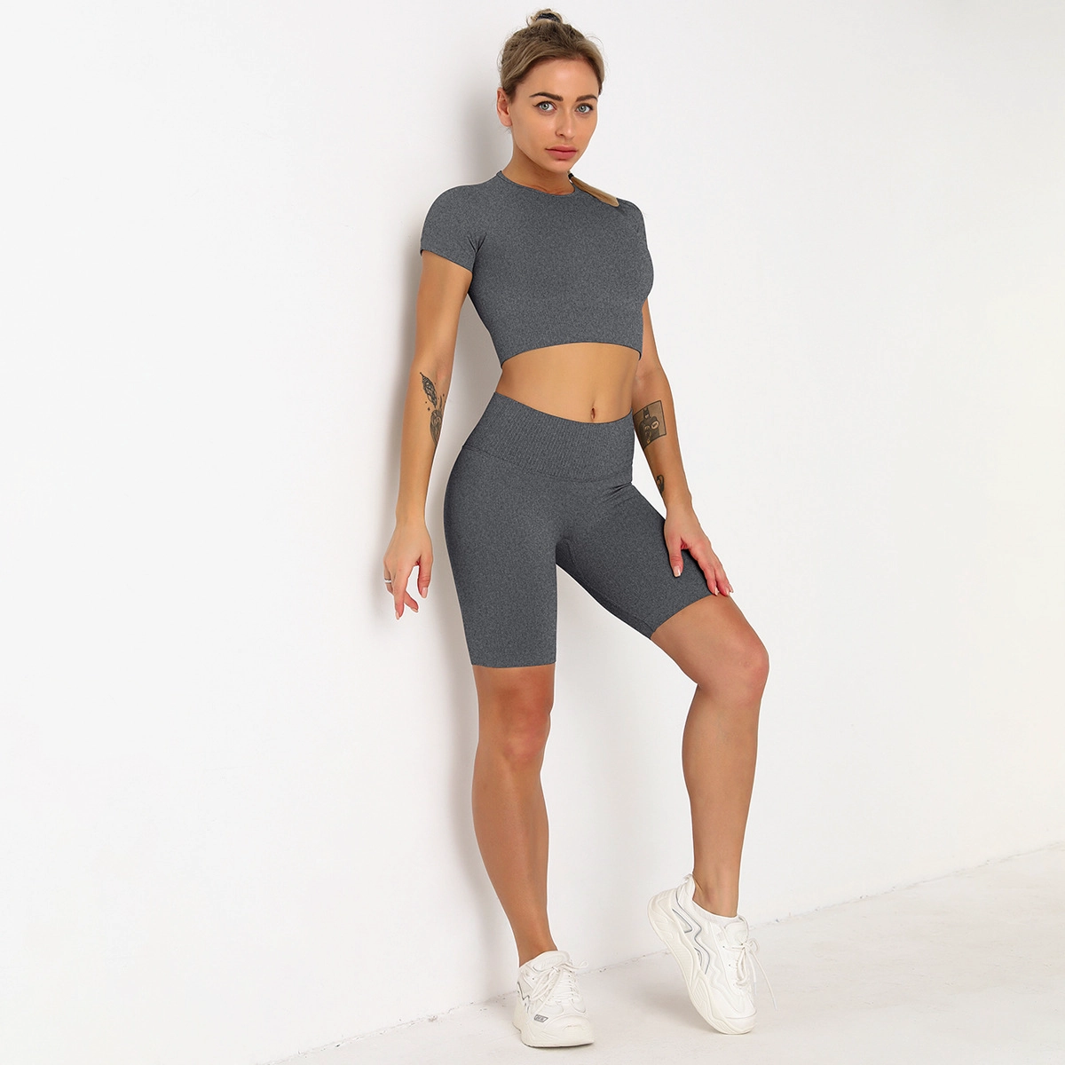 S-SHAPER Frauen Seamless Yoga Outfits 2-teiliges Set Workout Gym Shorts Kurzarm Crop Top Hersteller