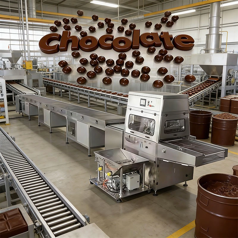 Máquina para revestimento de cobertura de chocolate na China + túnel de resfriamento para fábrica de alimentos
