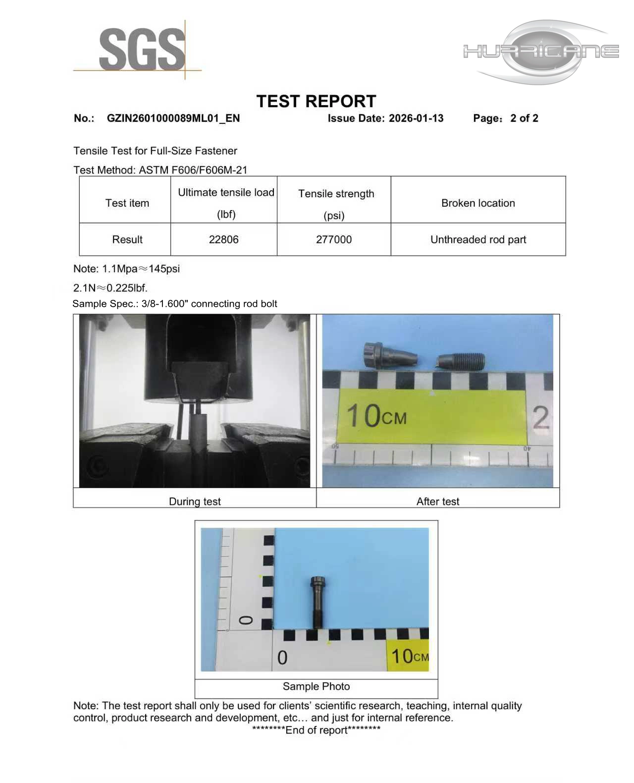 Hurricane Performance Replacement Connecting Rod Bolt Test Report