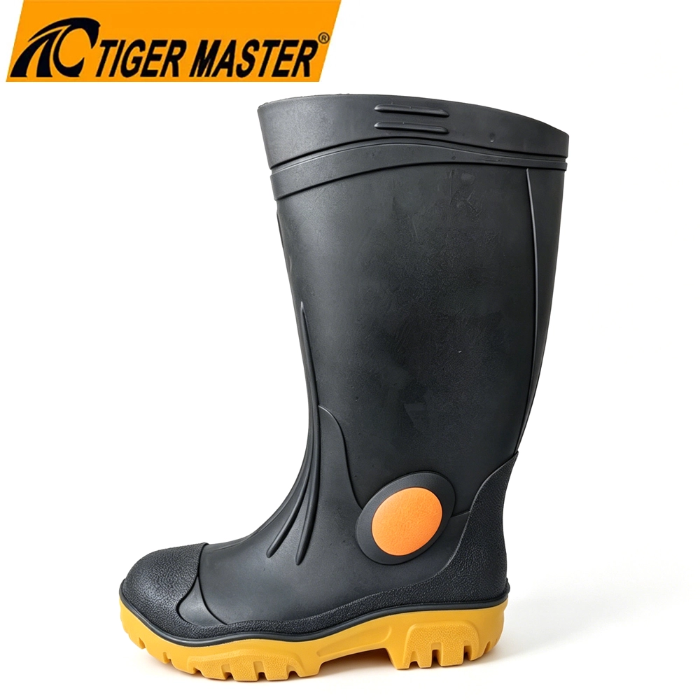 porcelana Botas de lluvia de seguridad de PVC negro con suela media de acero, resistente al agua, con punta de acero, GB39, con logotipo fabricante Botas de lluvia de seguridad de PVC negro con suela media de acero, resistente al agua, con punta de acero, GB39, con logotipo