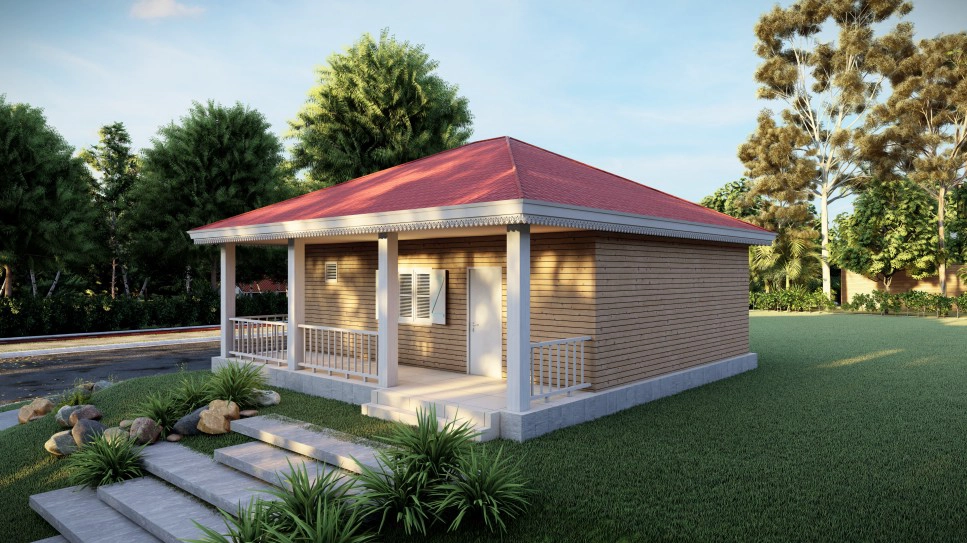 Casa de actividades prefabricada liviana de un solo piso, 2 habitaciones: cabaña modular con porche delantero