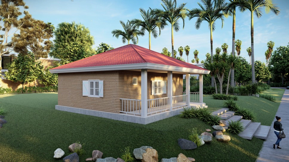 1. Single story red roof prefab activity house, wood grain modular cabin with covered front porch for resort homestay