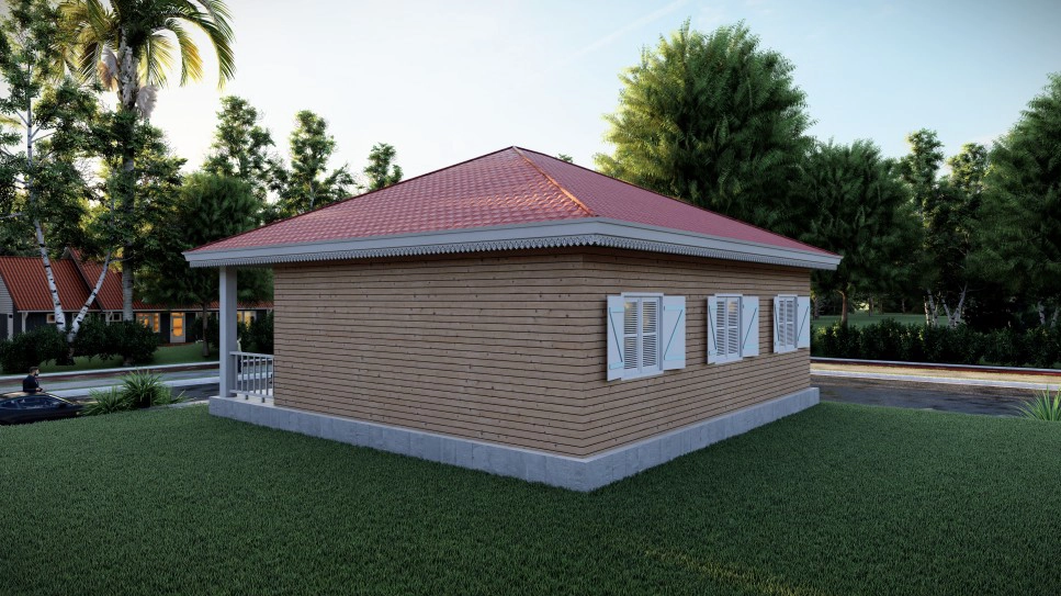 1. Single story red roof prefab activity house, wood grain modular cabin with covered front porch for resort homestay