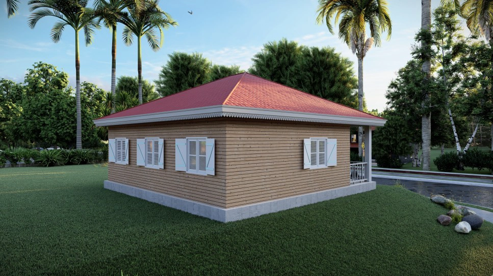 1. Single story red roof prefab activity house, wood grain modular cabin with covered front porch for resort homestay