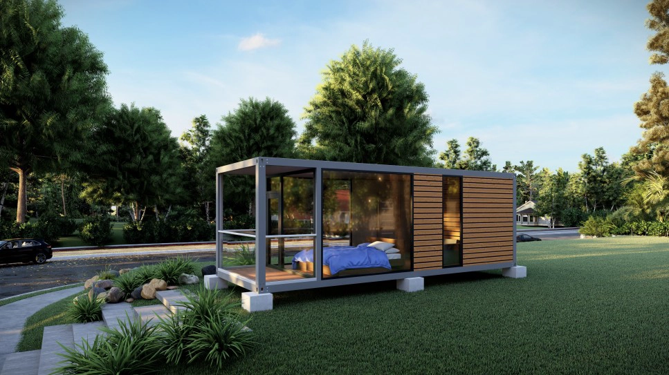 ## Casa pequeña prefabricada de lujo con contenedor: módulo de glamping modular amueblado con balcón de vidrio