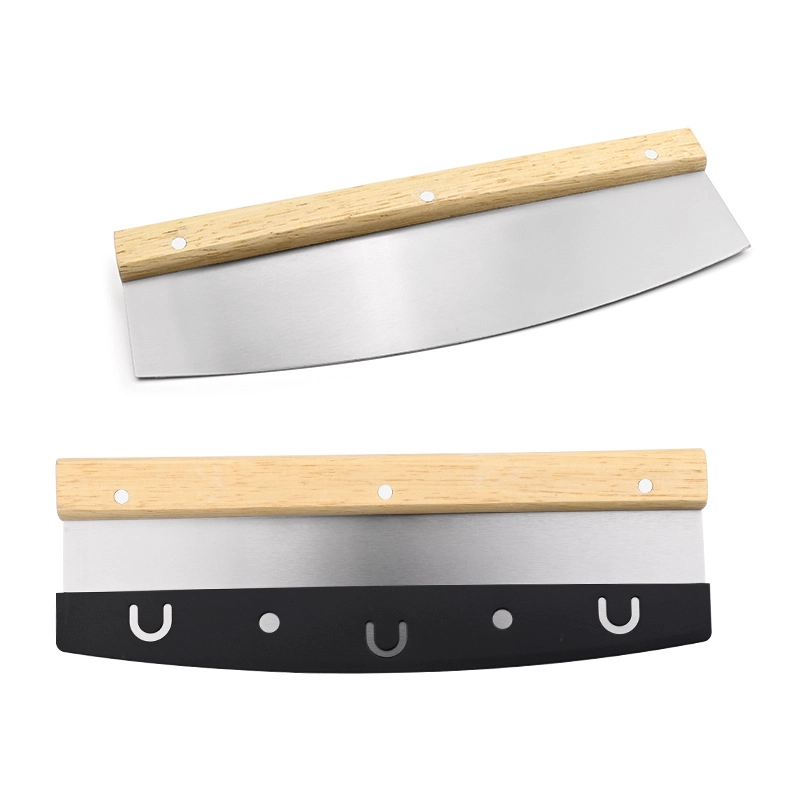 Professional Pizza Cutter Rocker Knife with Wooden Handle and Blade Cover