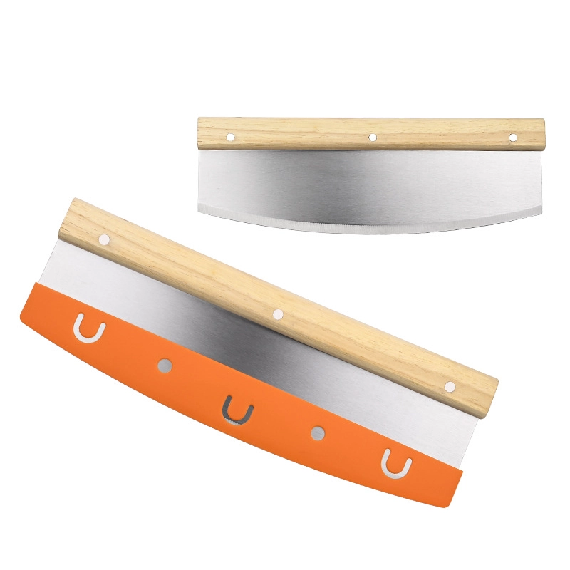 Professional Pizza Cutter Rocker Knife with Wooden Handle and Blade Cover