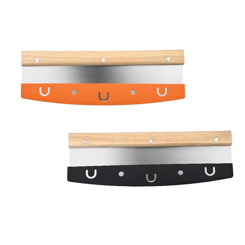 China Professional Pizza Cutter Rocker Knife with Wooden Handle and Blade Cover manufacturer