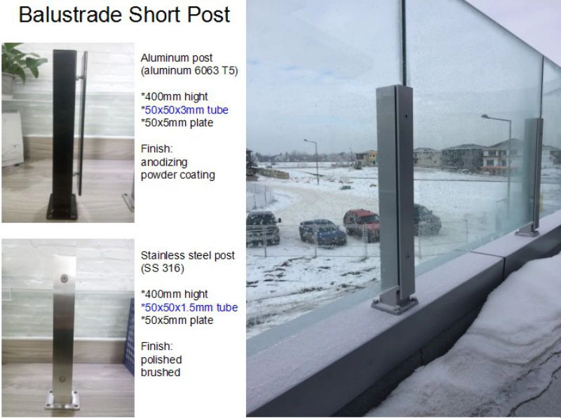 RVS of aluminium korte glazen balustrade paal voor glazen balustrade systeem