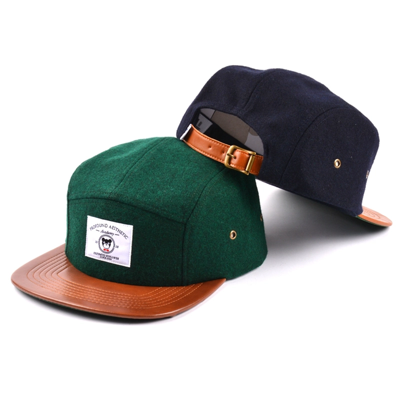leather brim 5 panels cap, metal wool 5 panels cap